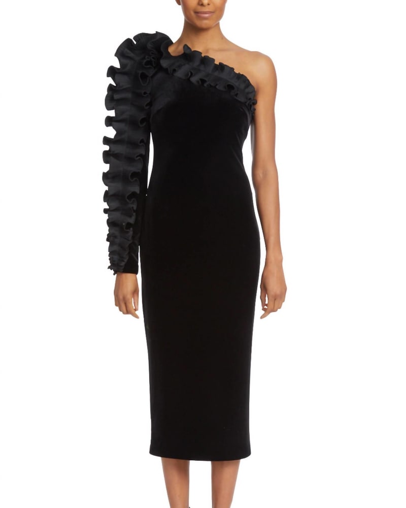 Front of a model wearing a size 16 80'S Pleated Ruffle Velvet Dress In Black in Black by Badgley Mischka. | dia_product_style_image_id:344643